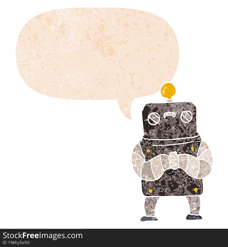 cartoon robot and speech bubble in retro textured style