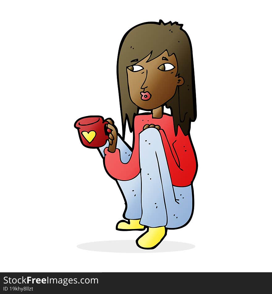 cartoon woman sitting with cup of coffee