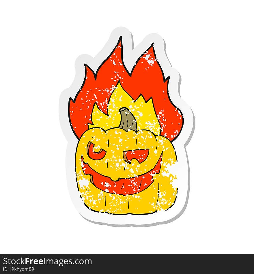 retro distressed sticker of a cartoon flaming halloween pumpkin