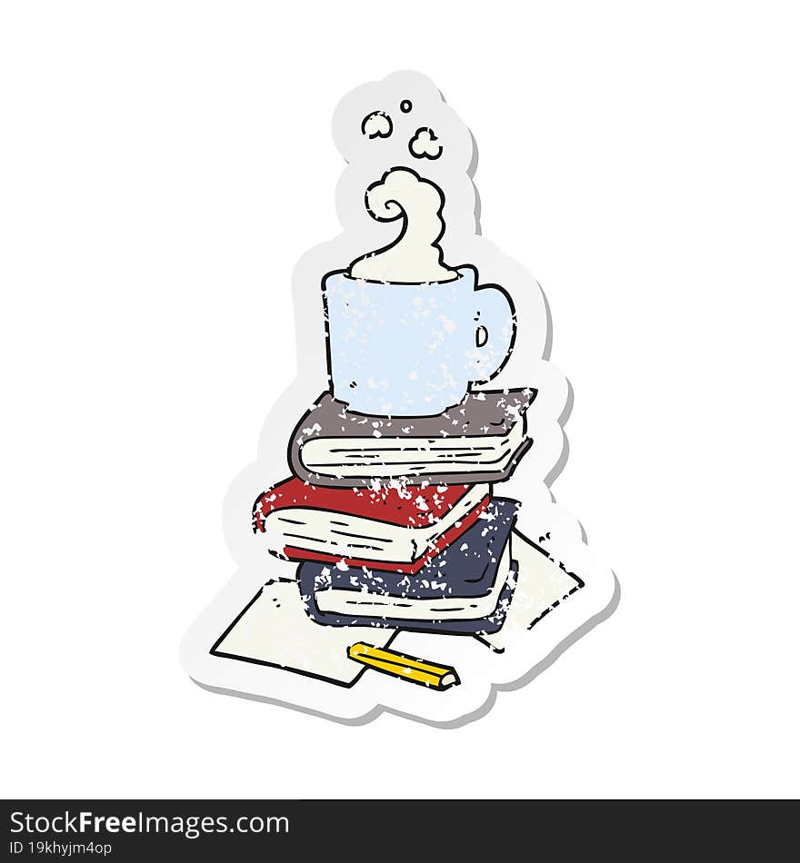 retro distressed sticker of a cartoon books and coffee cup