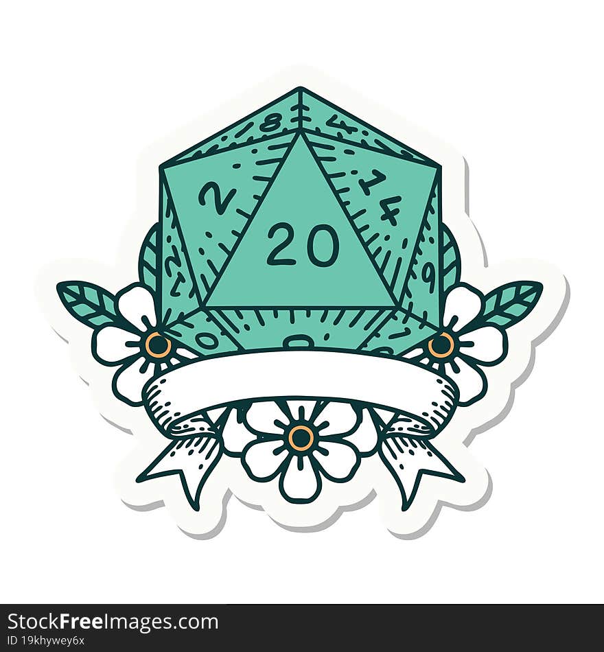 sticker of a natural 20 critical hit D20 dice roll. sticker of a natural 20 critical hit D20 dice roll