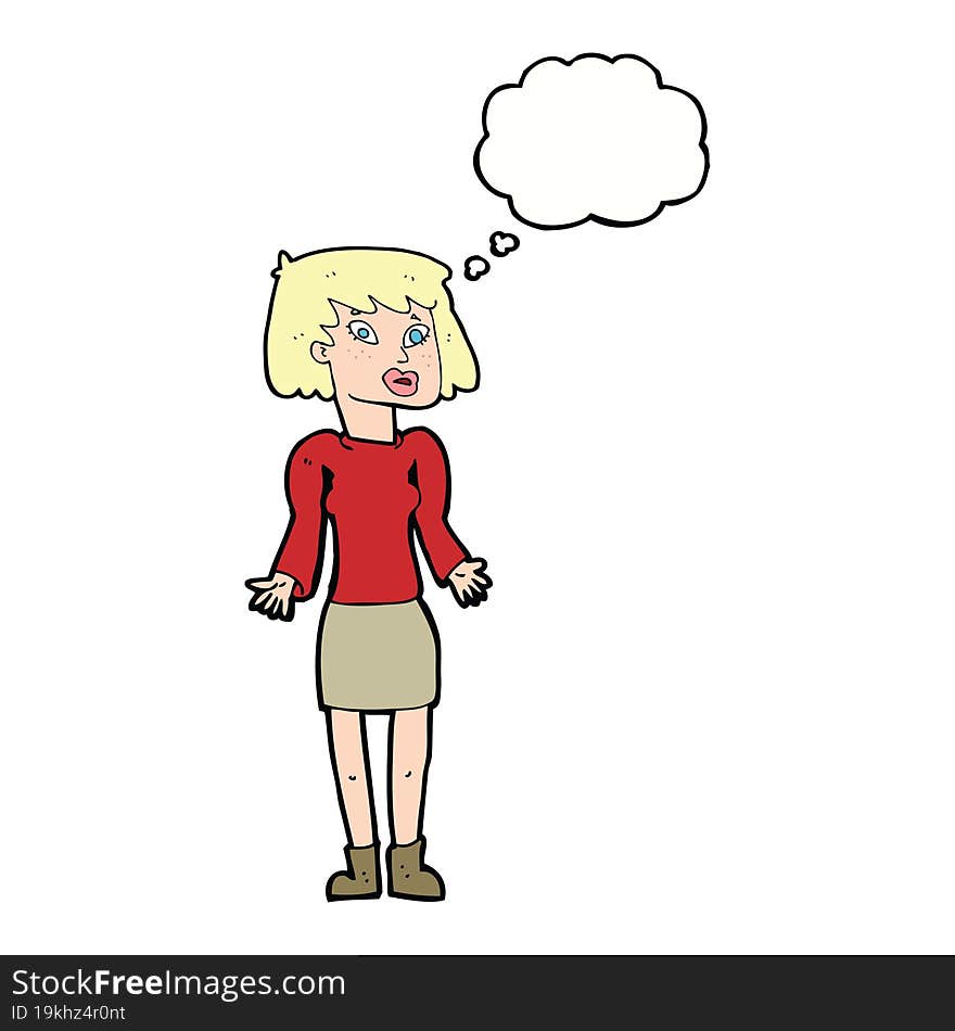 cartoon woman shrugging shoulders with thought bubble