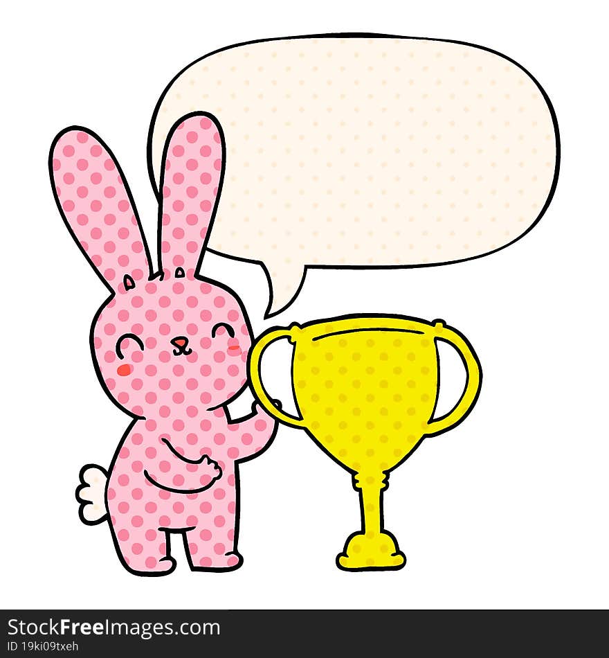 cute cartoon rabbit with sports trophy cup with speech bubble in comic book style. cute cartoon rabbit with sports trophy cup with speech bubble in comic book style