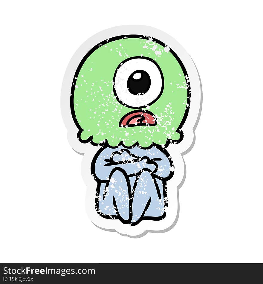 distressed sticker of a cartoon cyclops alien spaceman