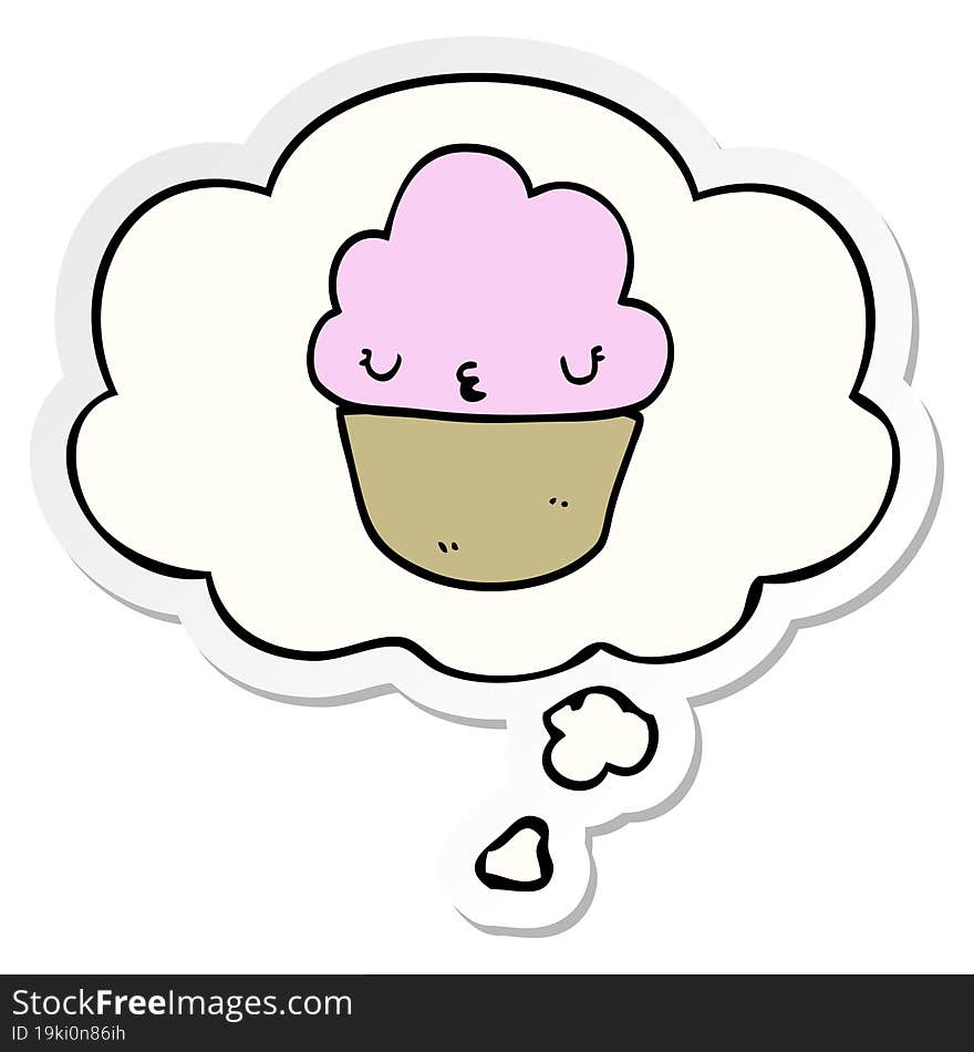 cartoon cupcake with face with thought bubble as a printed sticker