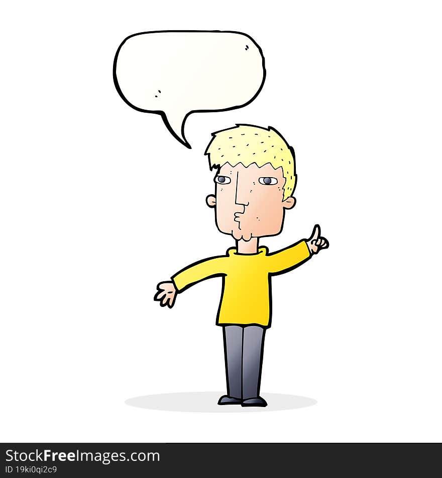 cartoon man raising point with speech bubble