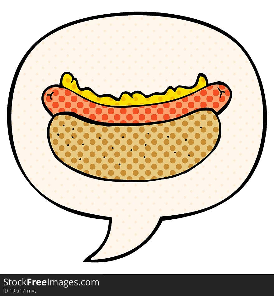 cartoon hotdog and speech bubble in comic book style