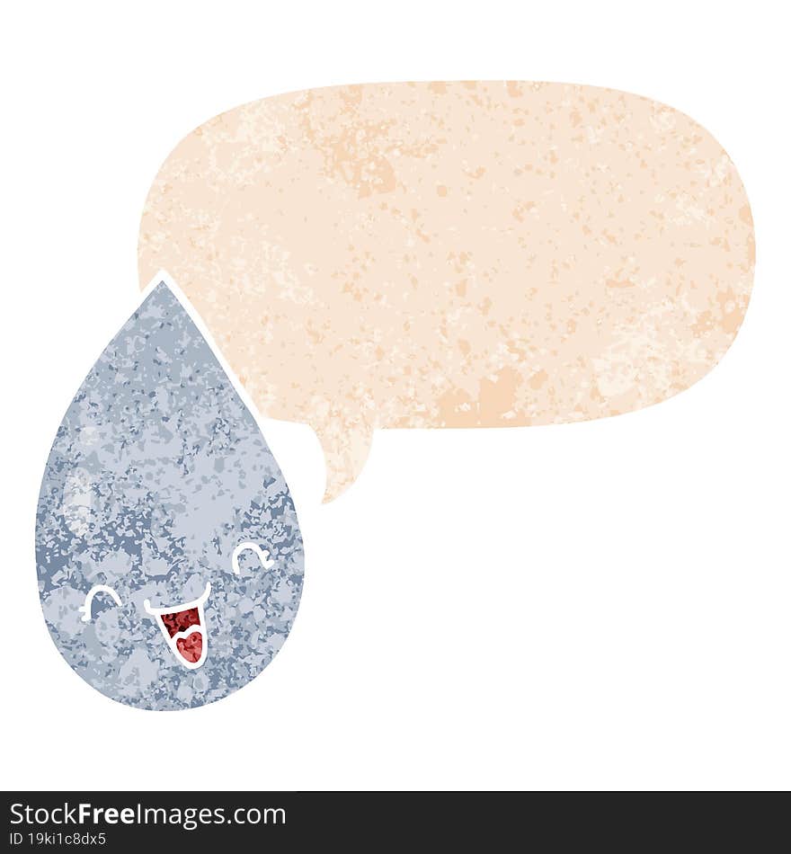 cartoon raindrop and speech bubble in retro textured style