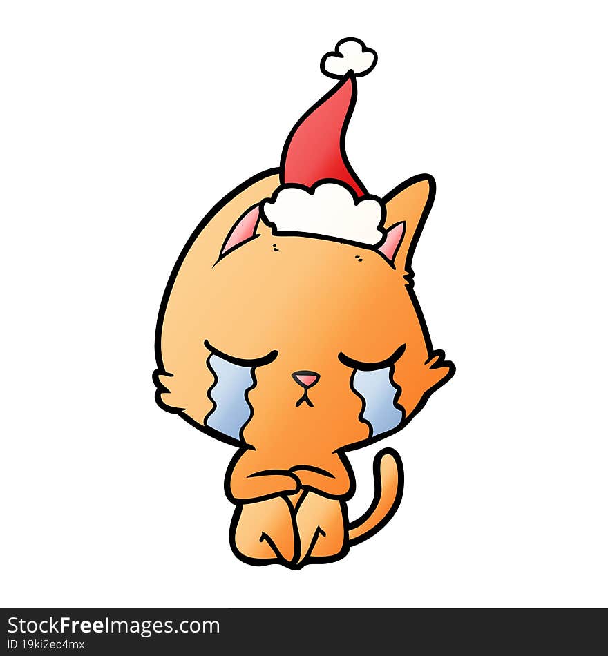 crying gradient cartoon of a cat sitting wearing santa hat