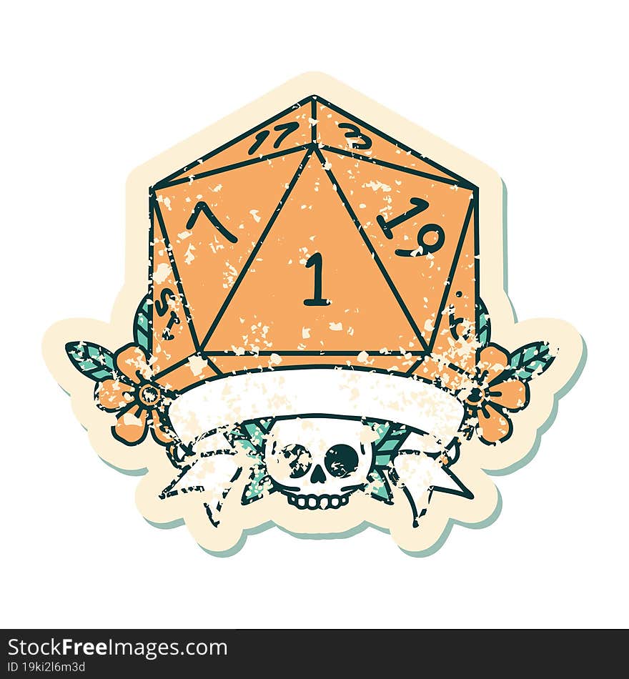 Retro Tattoo Style natural one d20 dice roll. Retro Tattoo Style natural one d20 dice roll