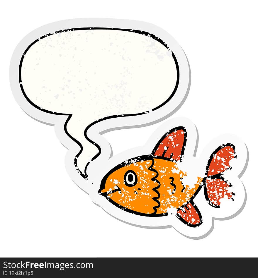 cartoon fish with speech bubble distressed distressed old sticker. cartoon fish with speech bubble distressed distressed old sticker