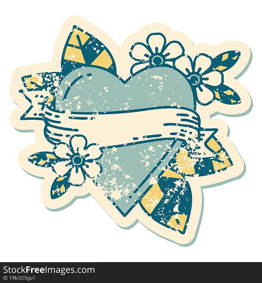 Distressed Sticker Tattoo Style Icon Of A Heart And Banner