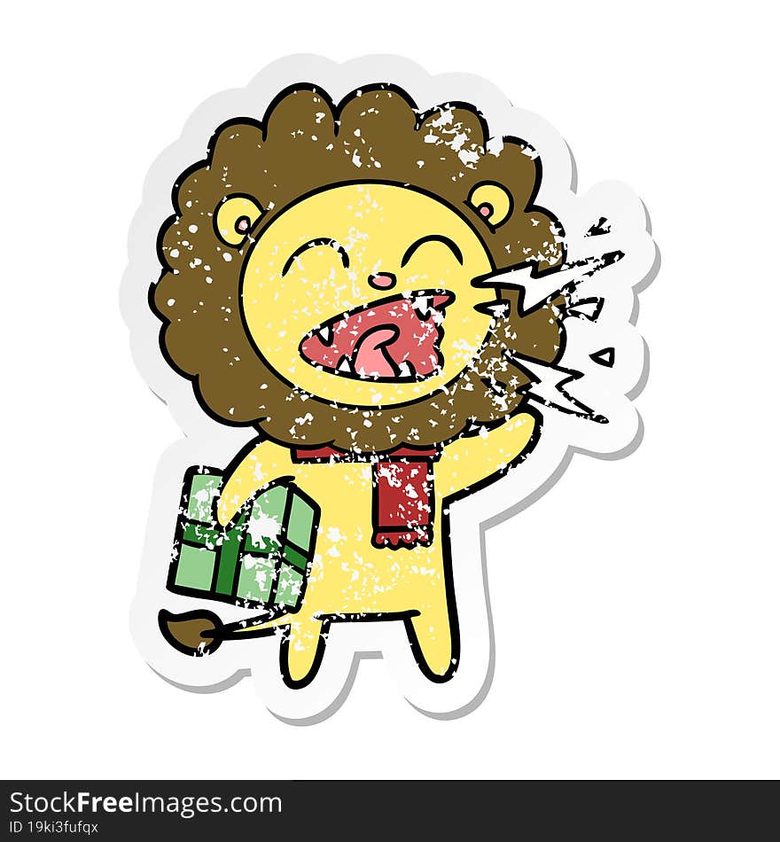 distressed sticker of a cartoon roaring lion with present