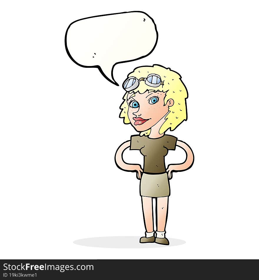 cartoon retro pilot woman with speech bubble