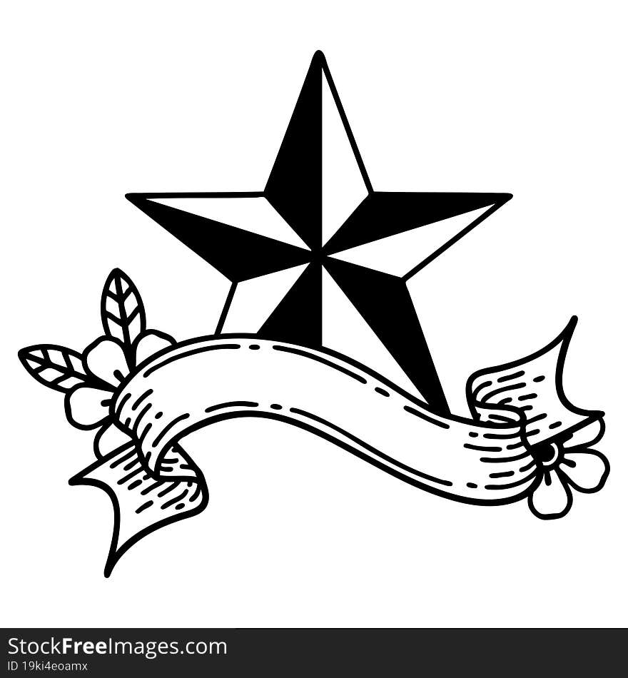 black linework tattoo with banner of a star