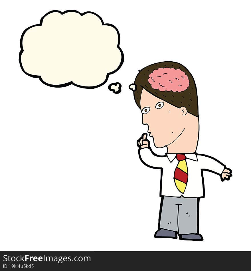 cartoon businessman with huge brain with thought bubble