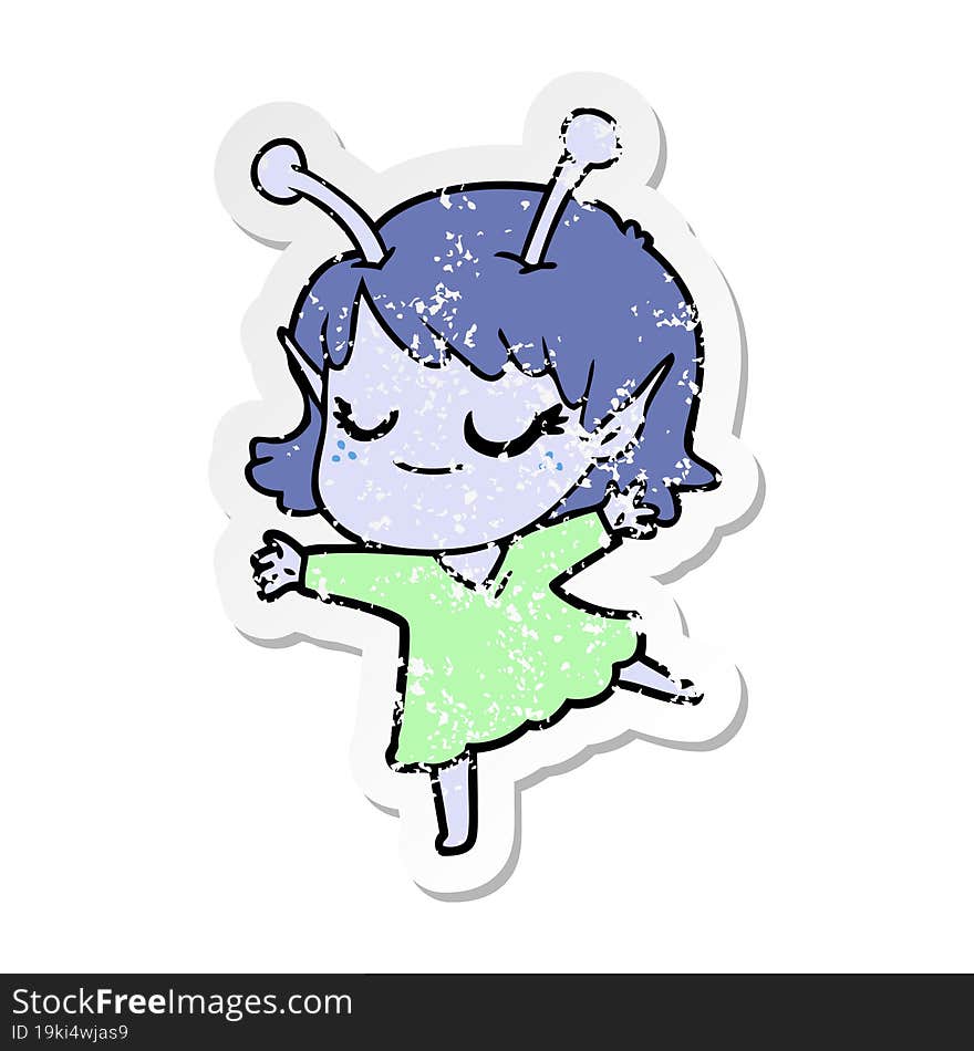 distressed sticker of a smiling alien girl cartoon dancing