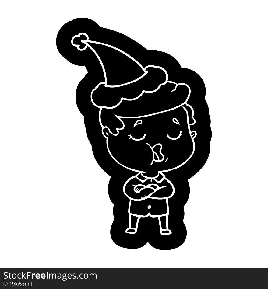 quirky cartoon icon of a man talking wearing santa hat