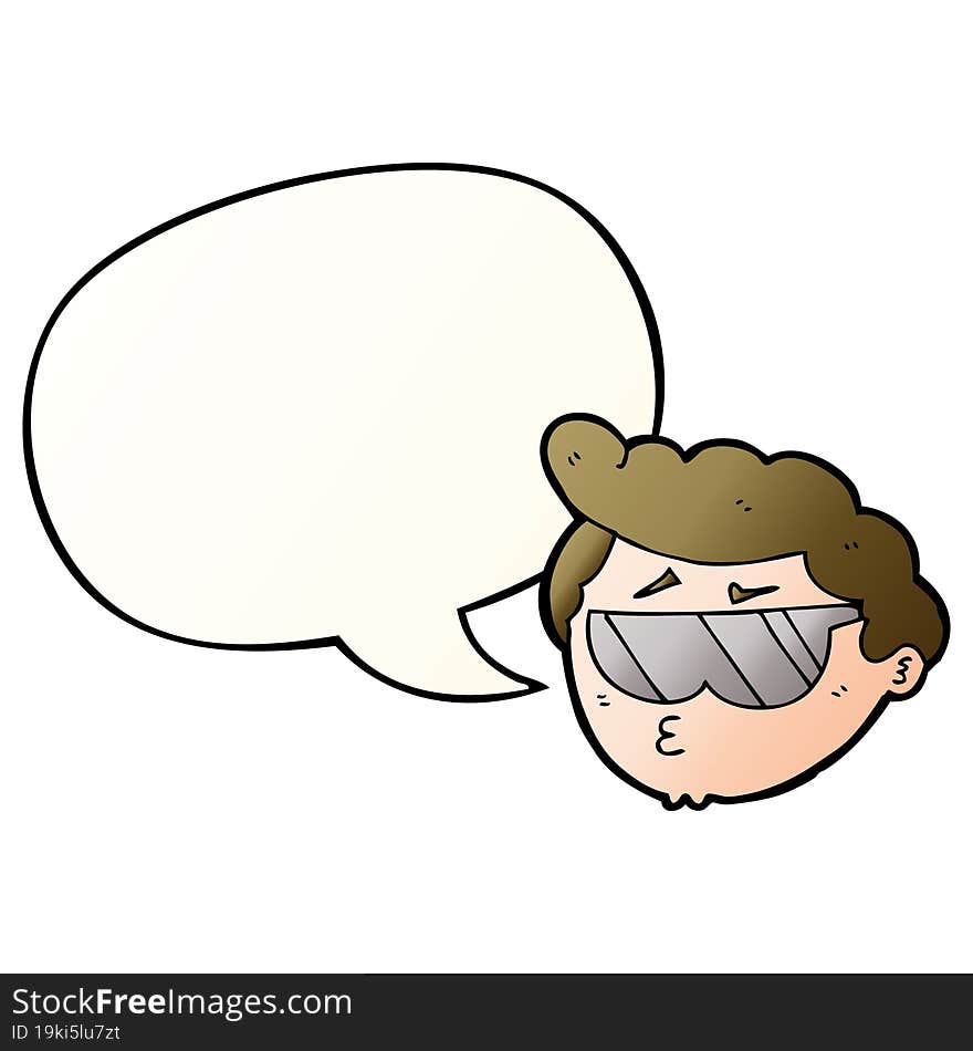 cartoon boy wearing sunglasses and speech bubble in smooth gradient style