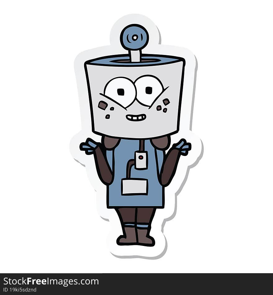 sticker of a happy cartoon robot shrugging shoulders