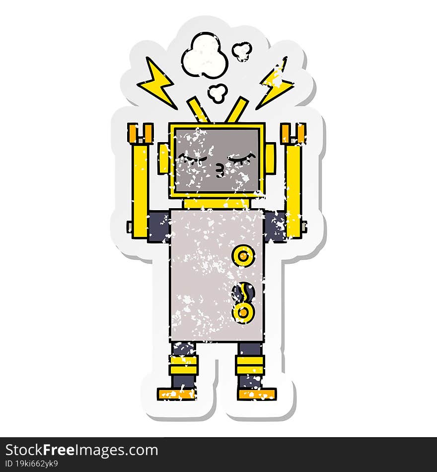 Distressed Sticker Of A Cute Cartoon Malfunctioning Robot