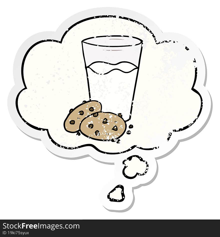 cartoon cookies and milk with thought bubble as a distressed worn sticker