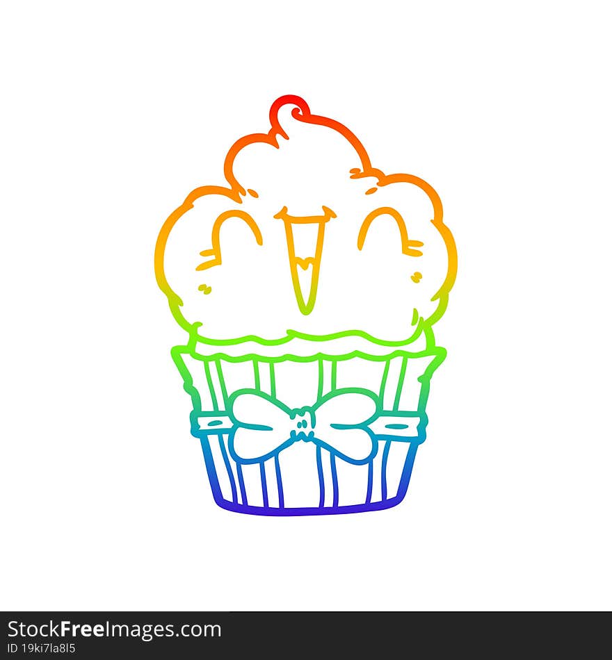 rainbow gradient line drawing of a happy cartoon cupcake