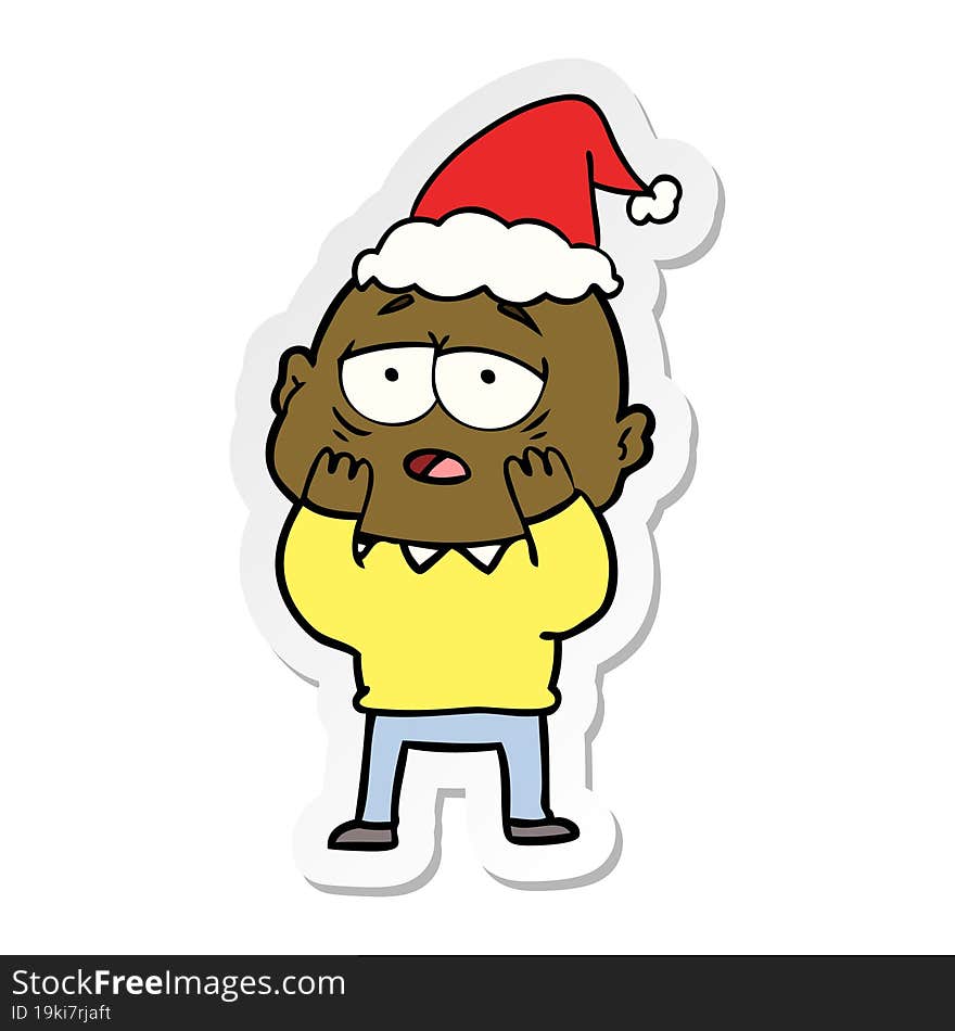 Sticker Cartoon Of A Tired Bald Man Wearing Santa Hat