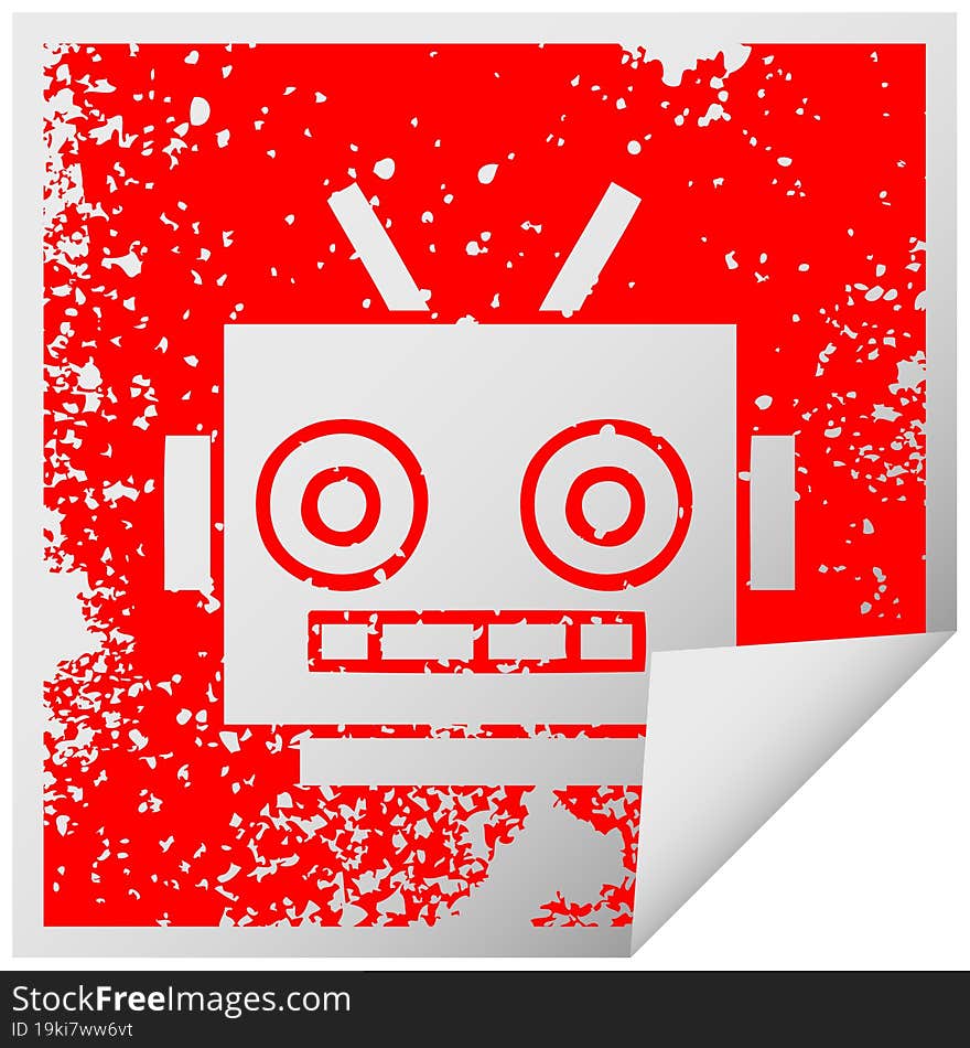 distressed square peeling sticker symbol of a robot head