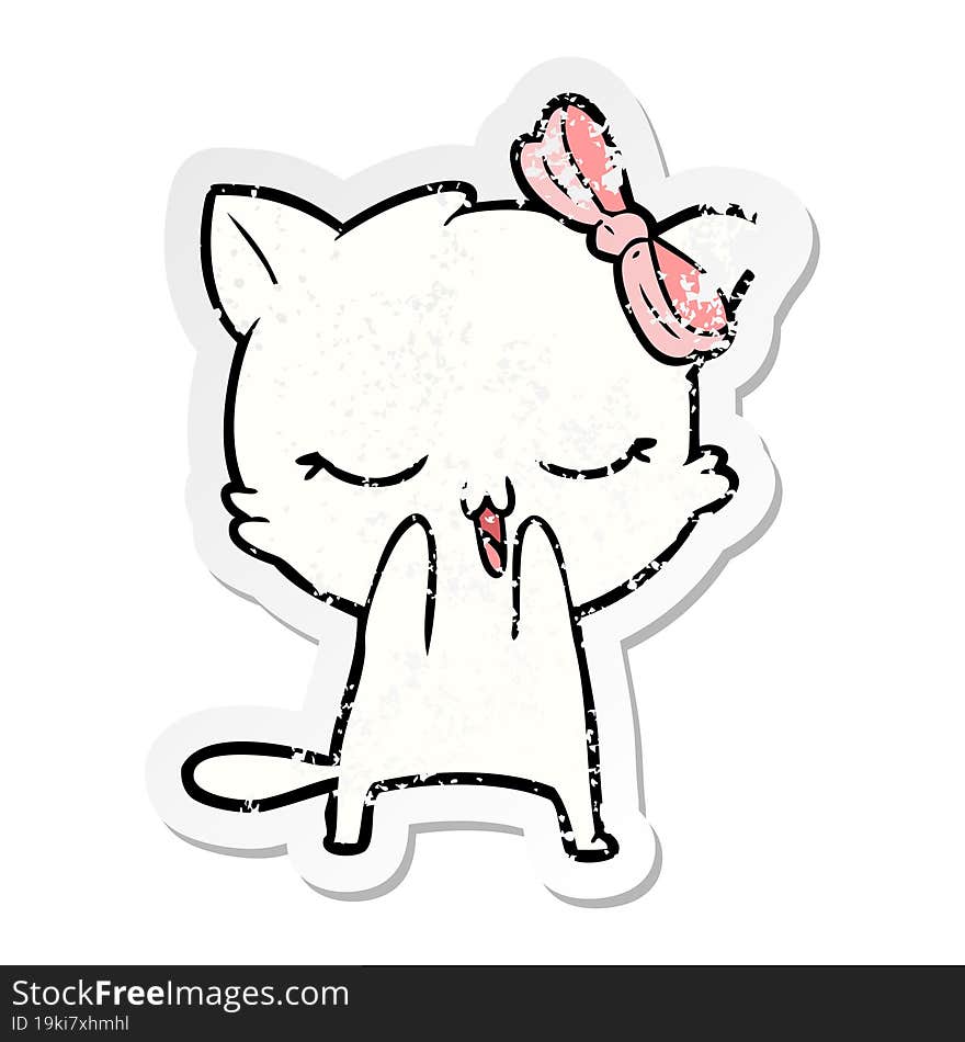 distressed sticker of a cartoon cat with bow on head