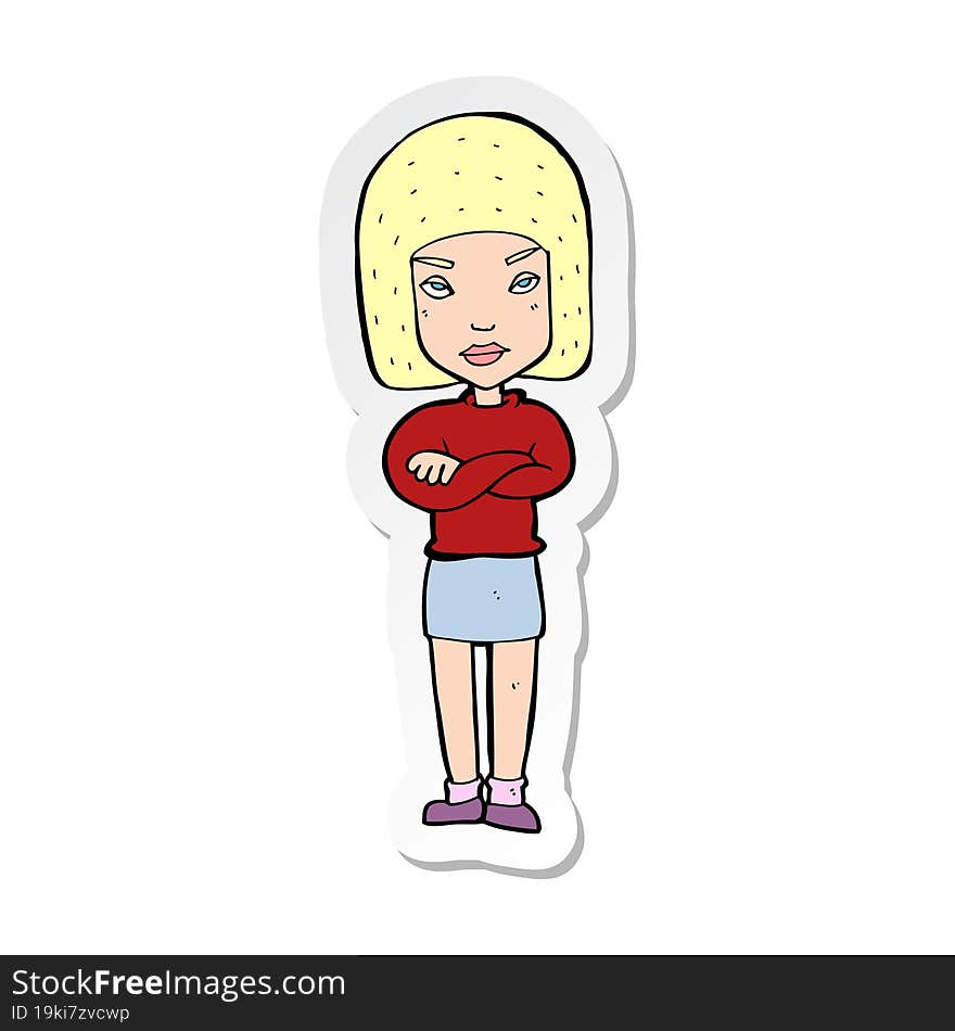 sticker of a cartoon woman with crossed arms