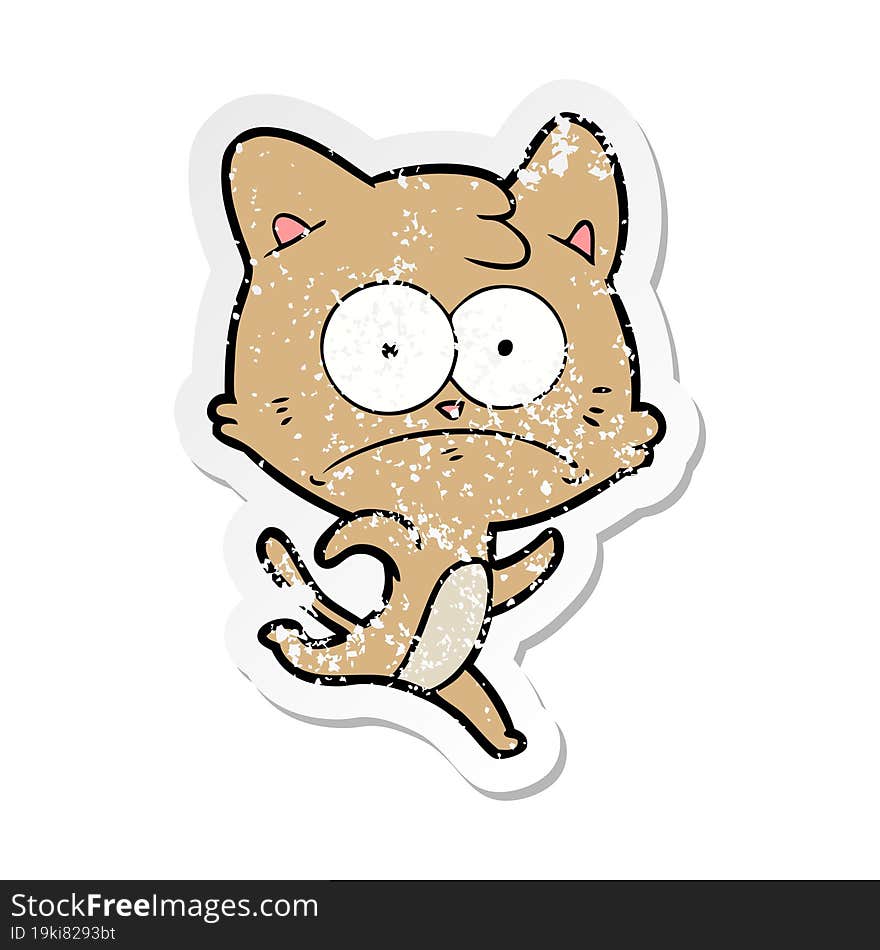 Distressed Sticker Of A Cartoon Nervous Cat