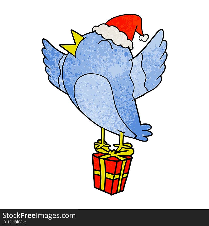 hand drawn textured cartoon of a bird wearing santa hat