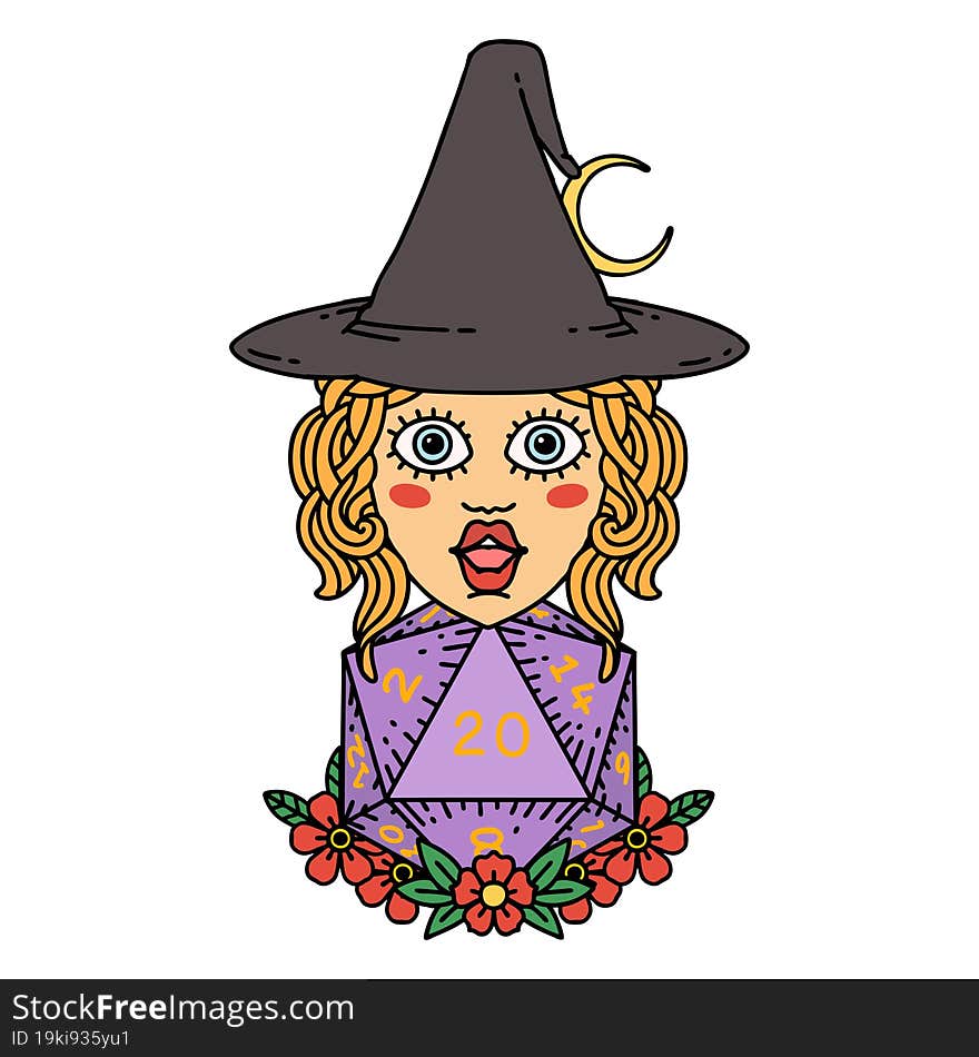 Human Witch With Natural Twenty Dice Roll Illustration