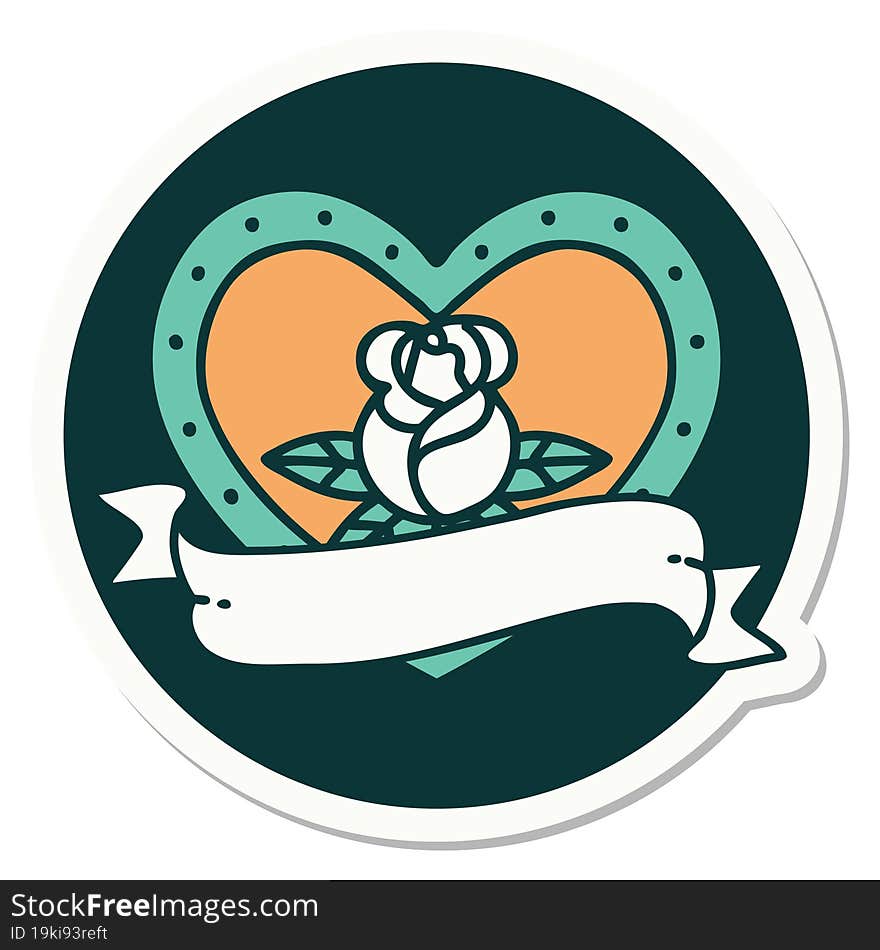 sticker of tattoo in traditional style of a heart rose and banner. sticker of tattoo in traditional style of a heart rose and banner