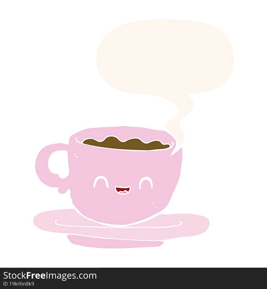 cartoon hot cup of coffee and speech bubble in retro style