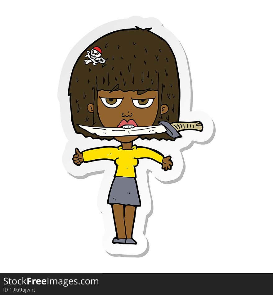 Sticker Of A Cartoon Woman With Knife Between Teeth