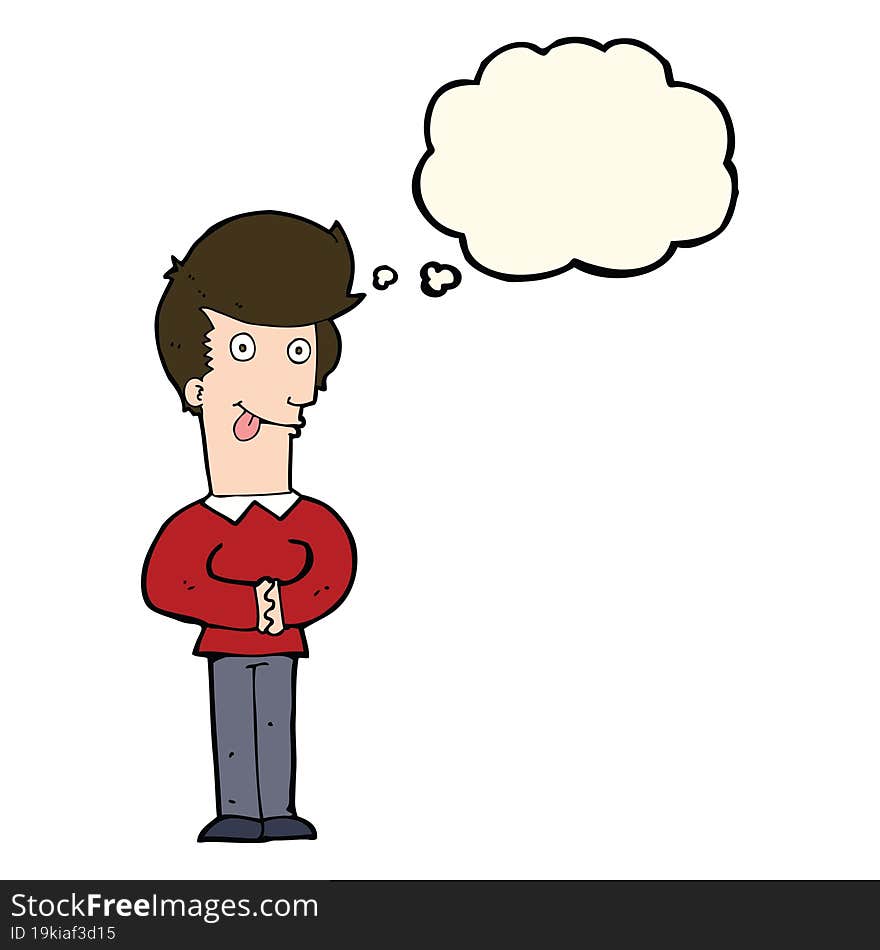 cartoon man sticking out tongue with thought bubble