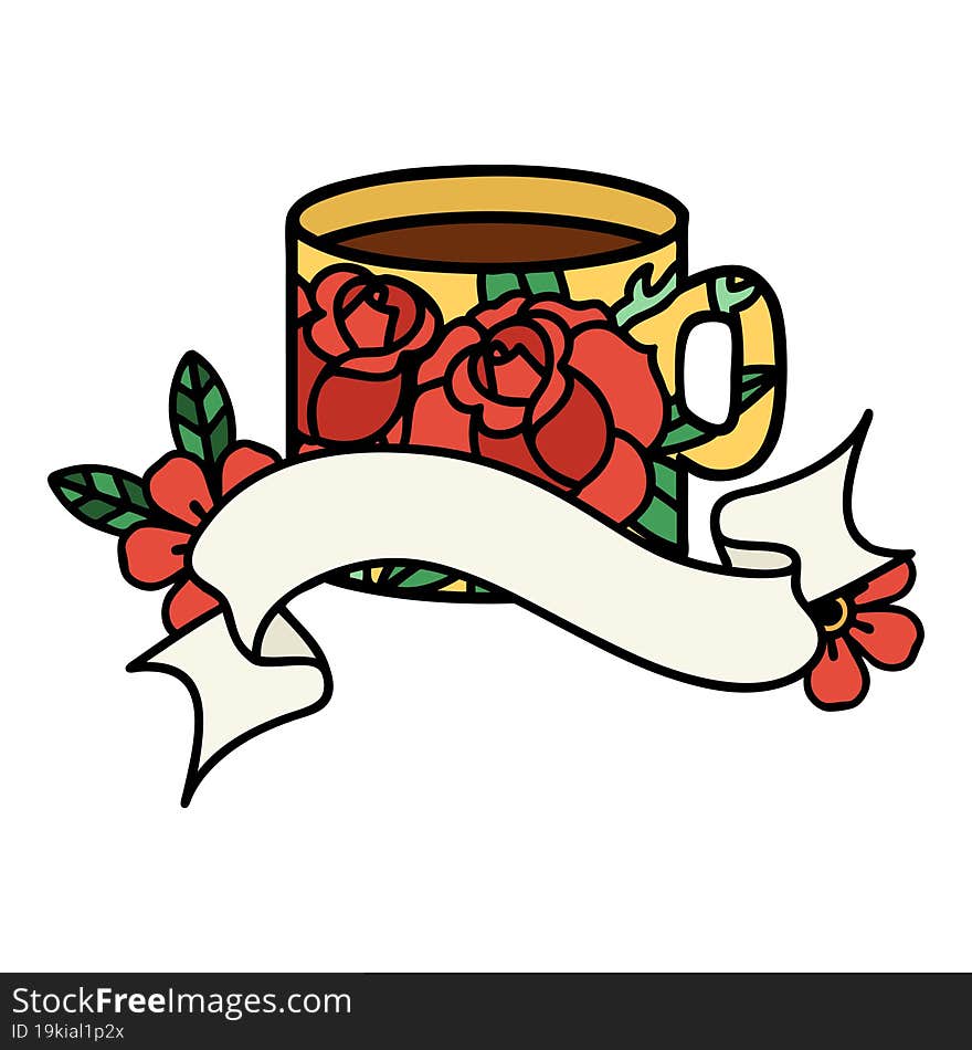 traditional tattoo with banner of a cup and flowers