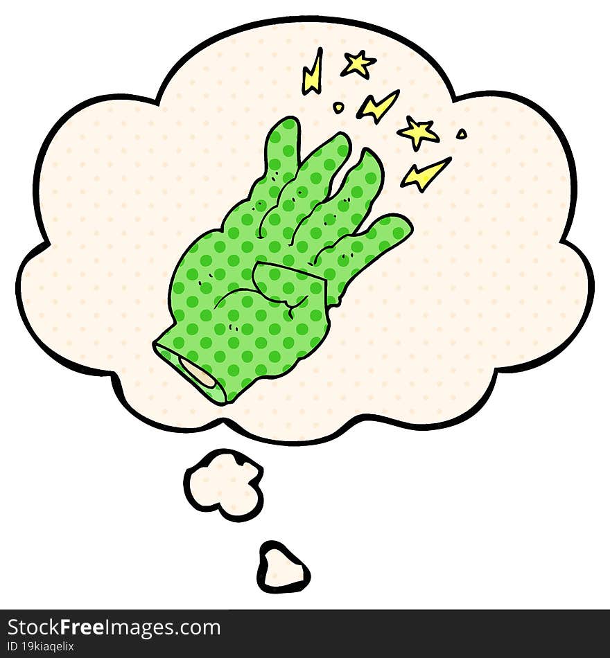 cartoon spooky magic hand with thought bubble in comic book style