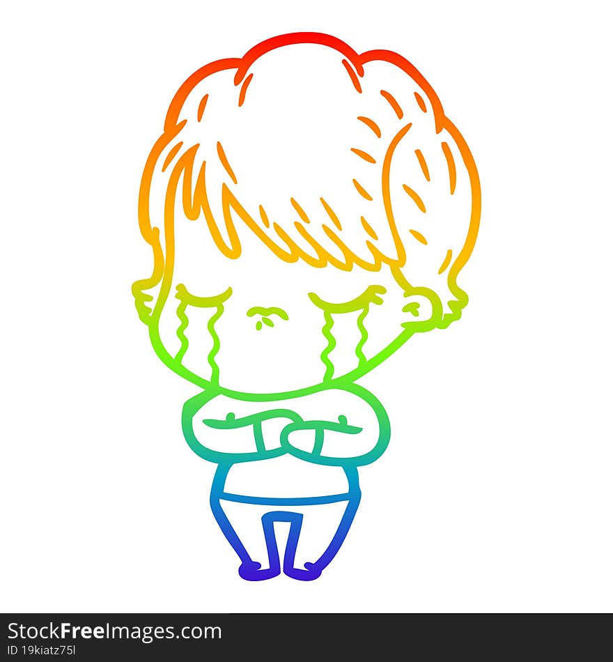 rainbow gradient line drawing of a cartoon woman crying