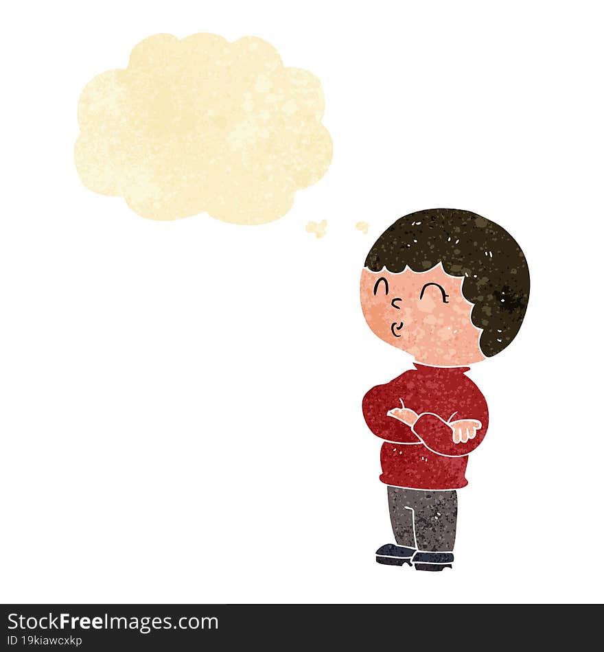 cartoon boy with folded arms with thought bubble