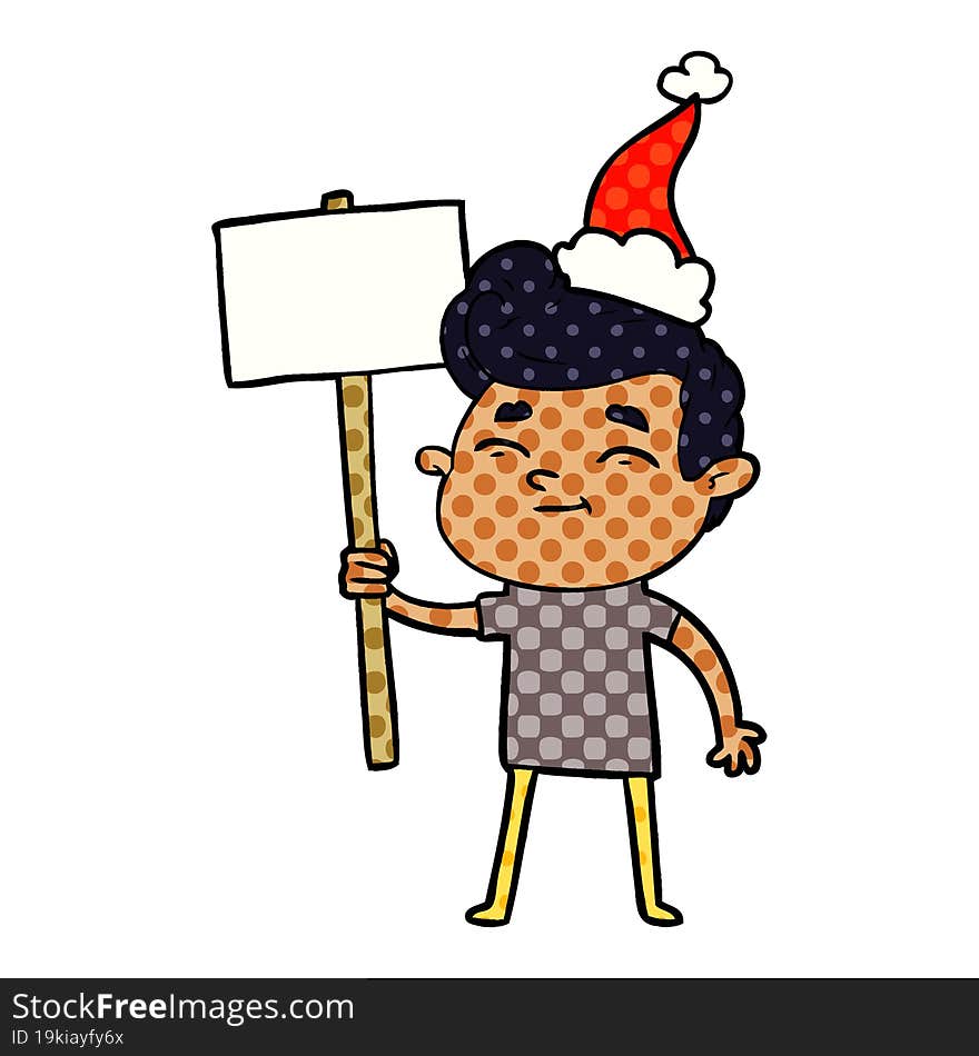 happy hand drawn comic book style illustration of a man with sign wearing santa hat