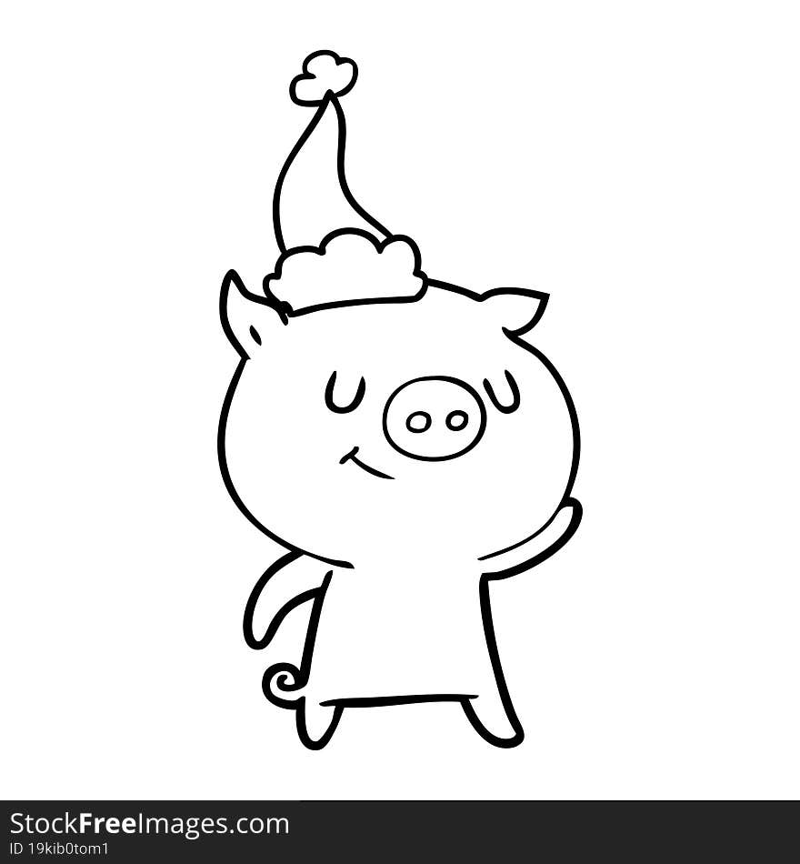 happy line drawing of a pig wearing santa hat