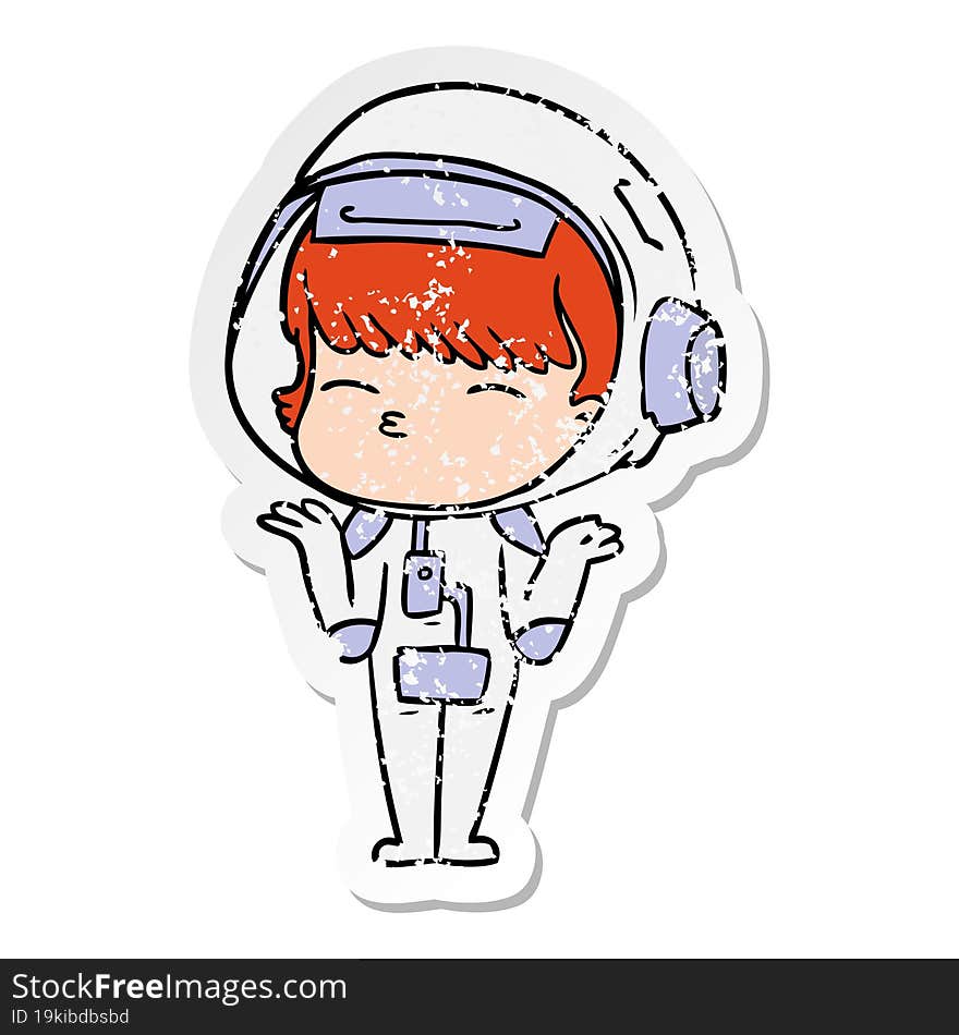 distressed sticker of a cartoon curious astronaut