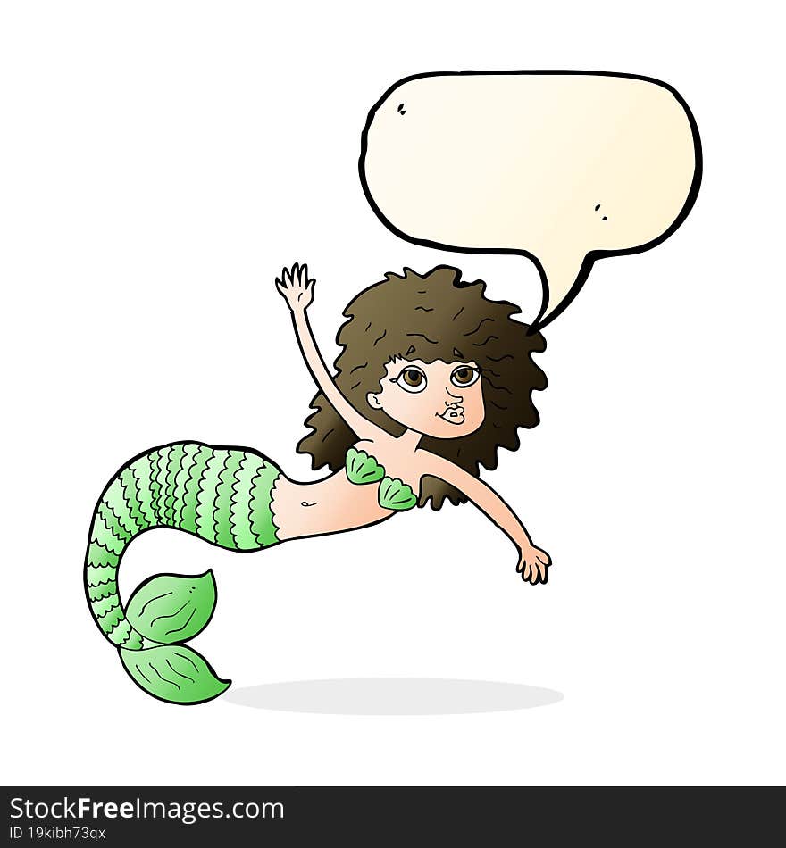 cartoon pretty mermaid waving with speech bubble