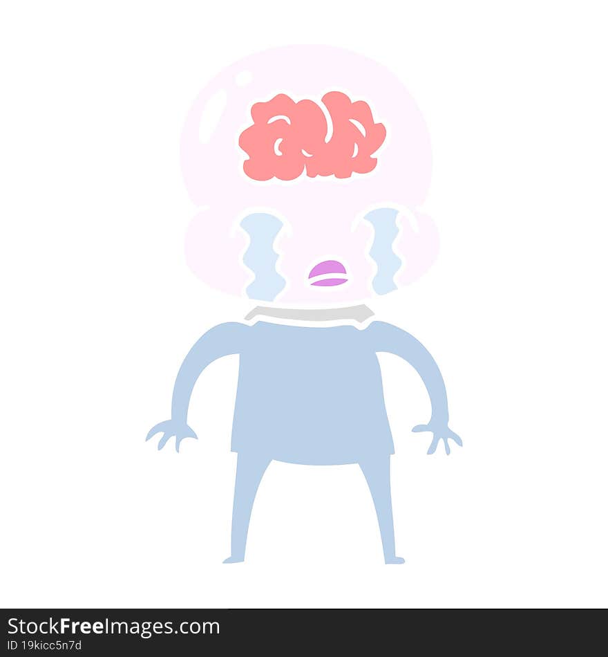 flat color style cartoon big brain alien crying