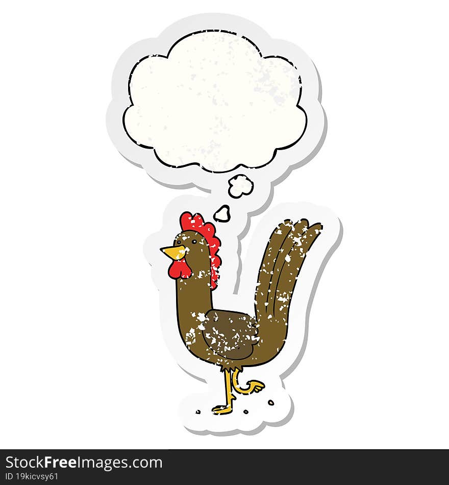 cartoon rooster and thought bubble as a distressed worn sticker