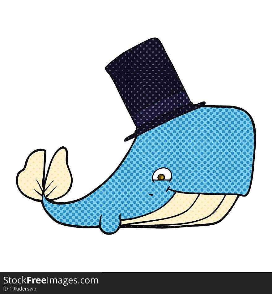 freehand drawn cartoon whale in top hat