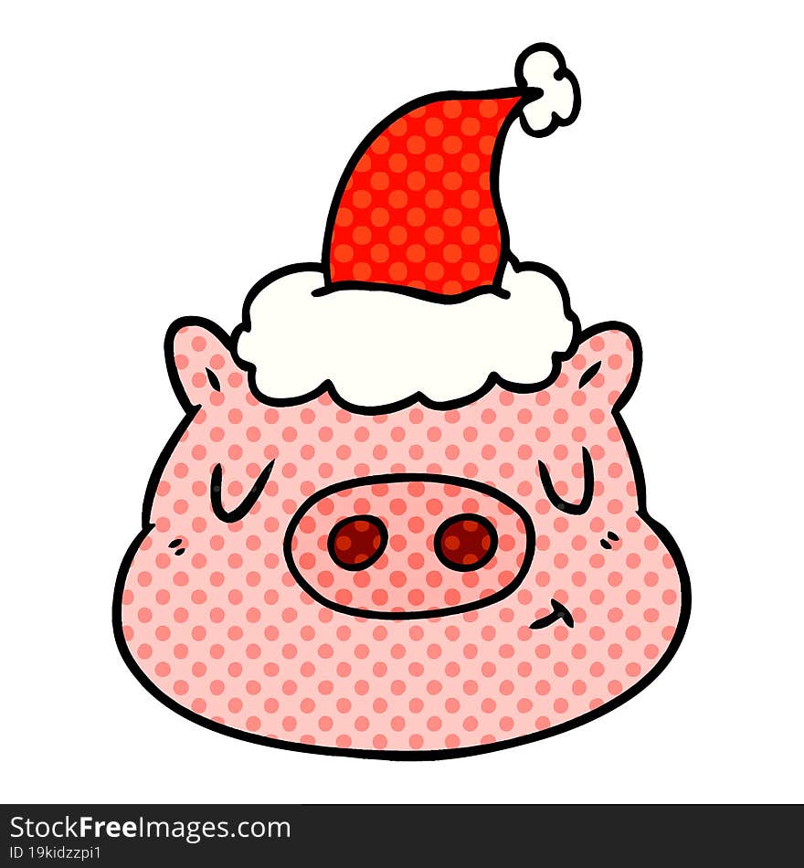 hand drawn comic book style illustration of a pig face wearing santa hat